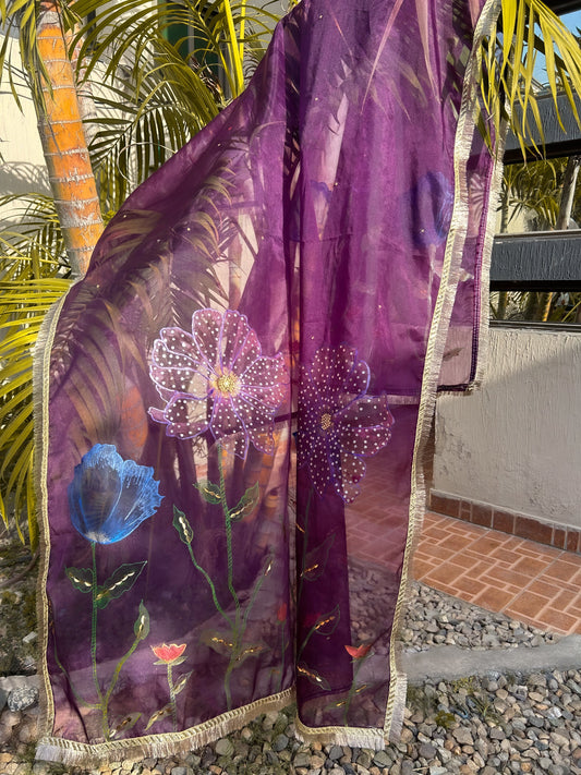 Alamzaib's Purple Organza Dupatta | Blue Flowered | Hand-Painted | Limited Edition