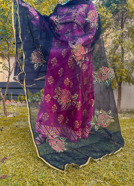 Alamzaib's Black Organza Dupatta | Red Flowered | Hand-Painted | Limited Edition